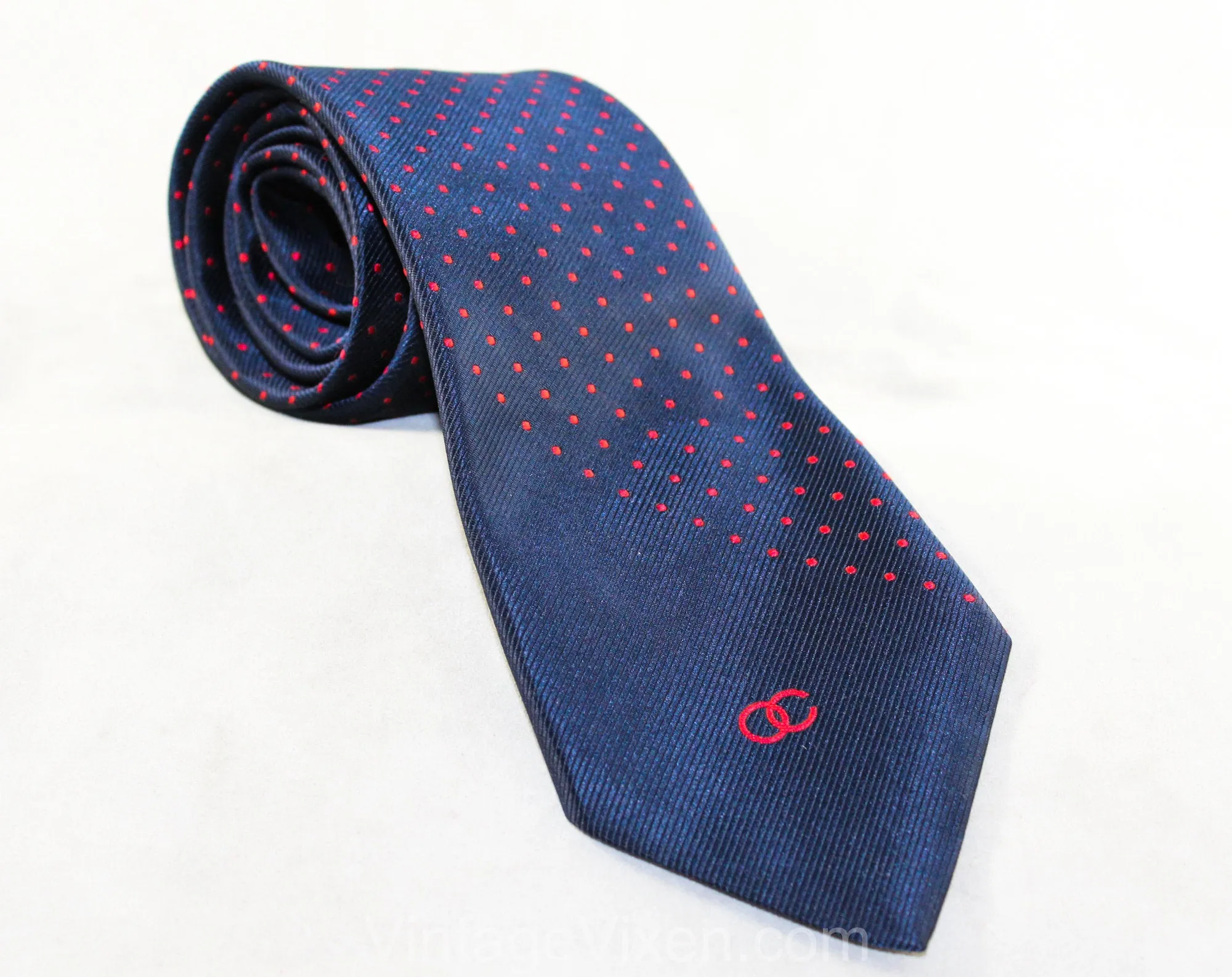 1970s Navy & Red Tie by Oleg Cassini - Dark Blue Men's Necktie - Diagonal Polka Dot Polyester Brocade - 70s Designer Men's Business Wear
