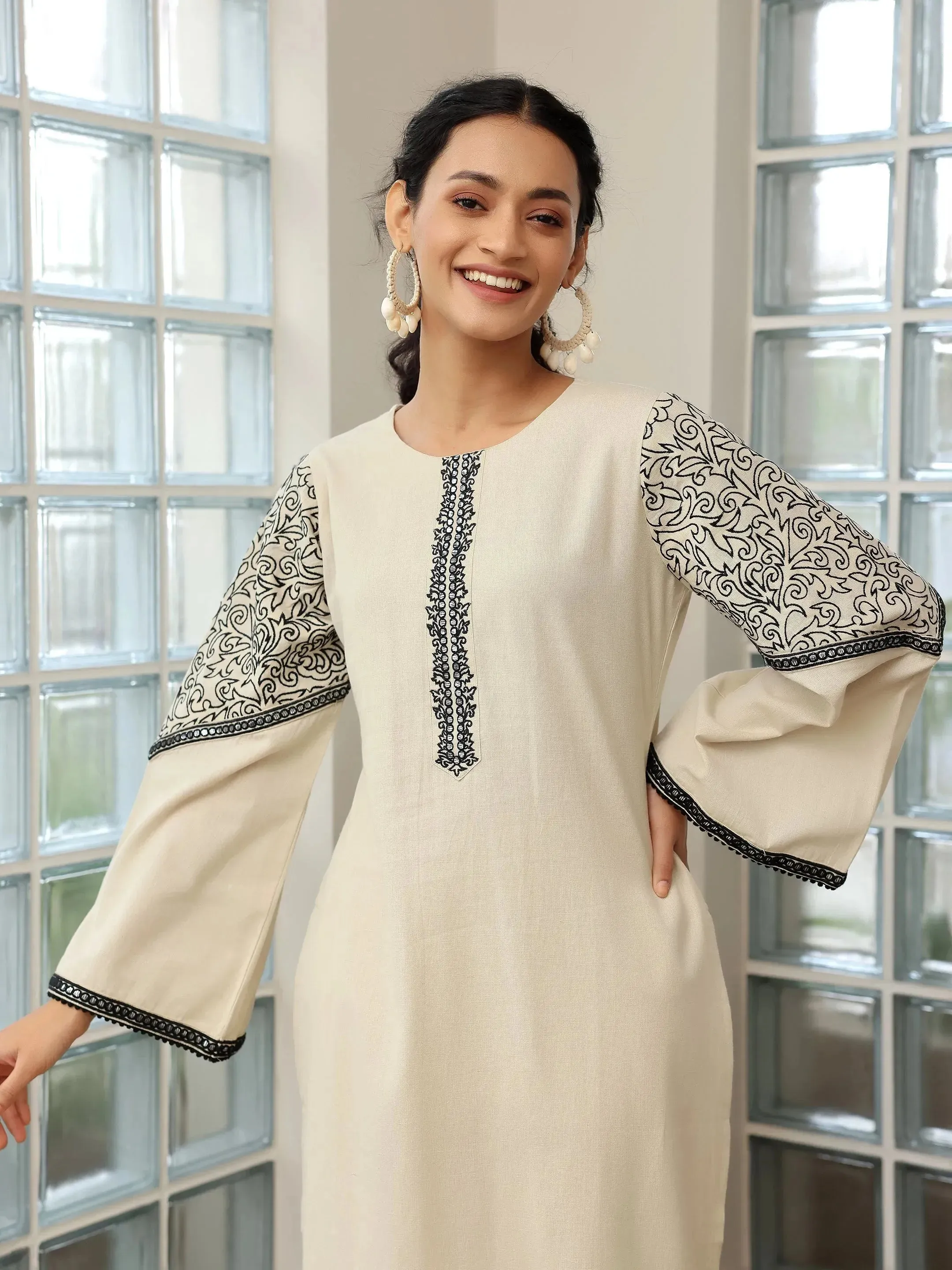 Beige Solid Cotton Blend Straight Suit With Dupatta