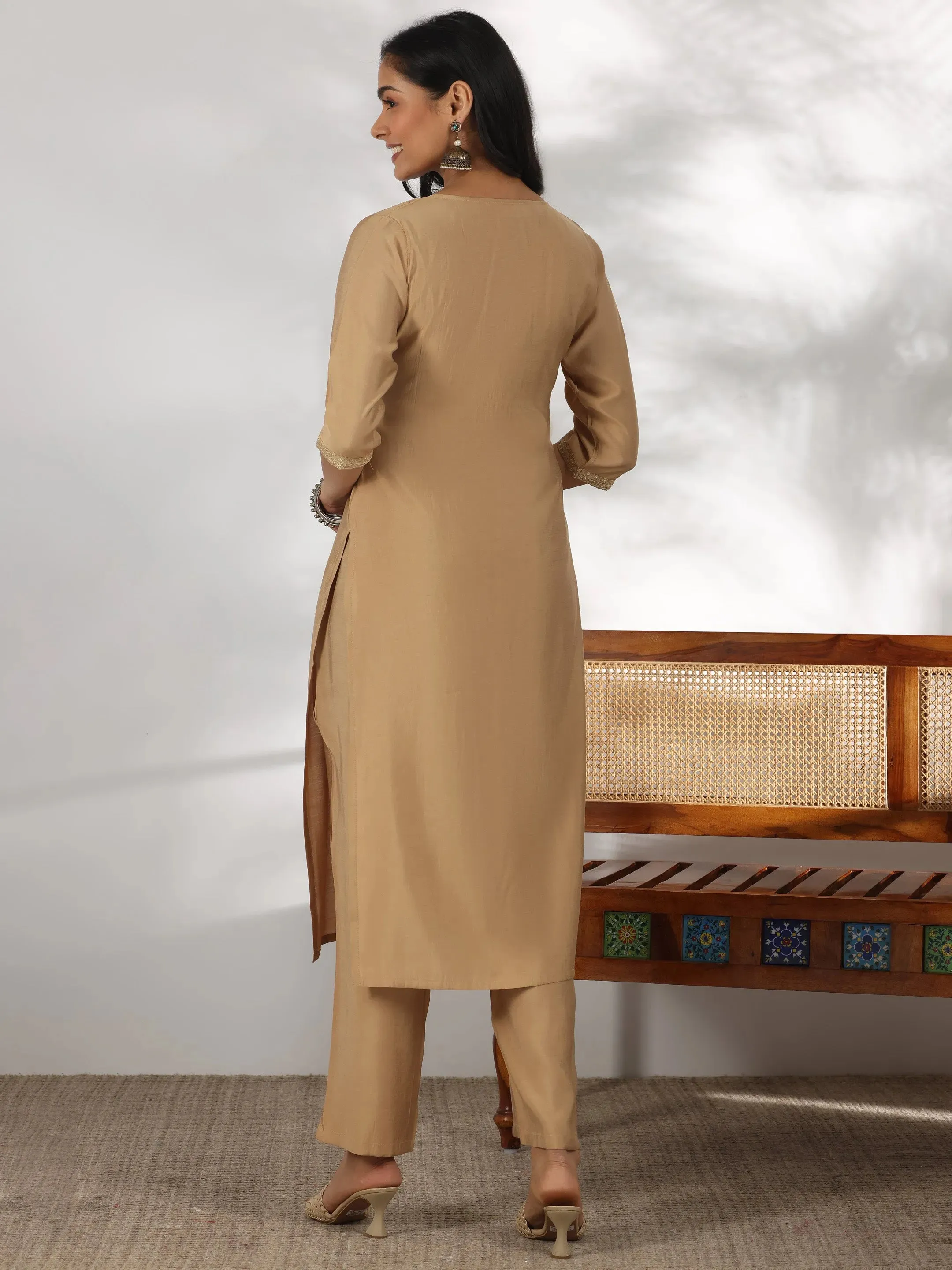 Beige Yoke Design Silk Blend Straight Suit With Dupatta