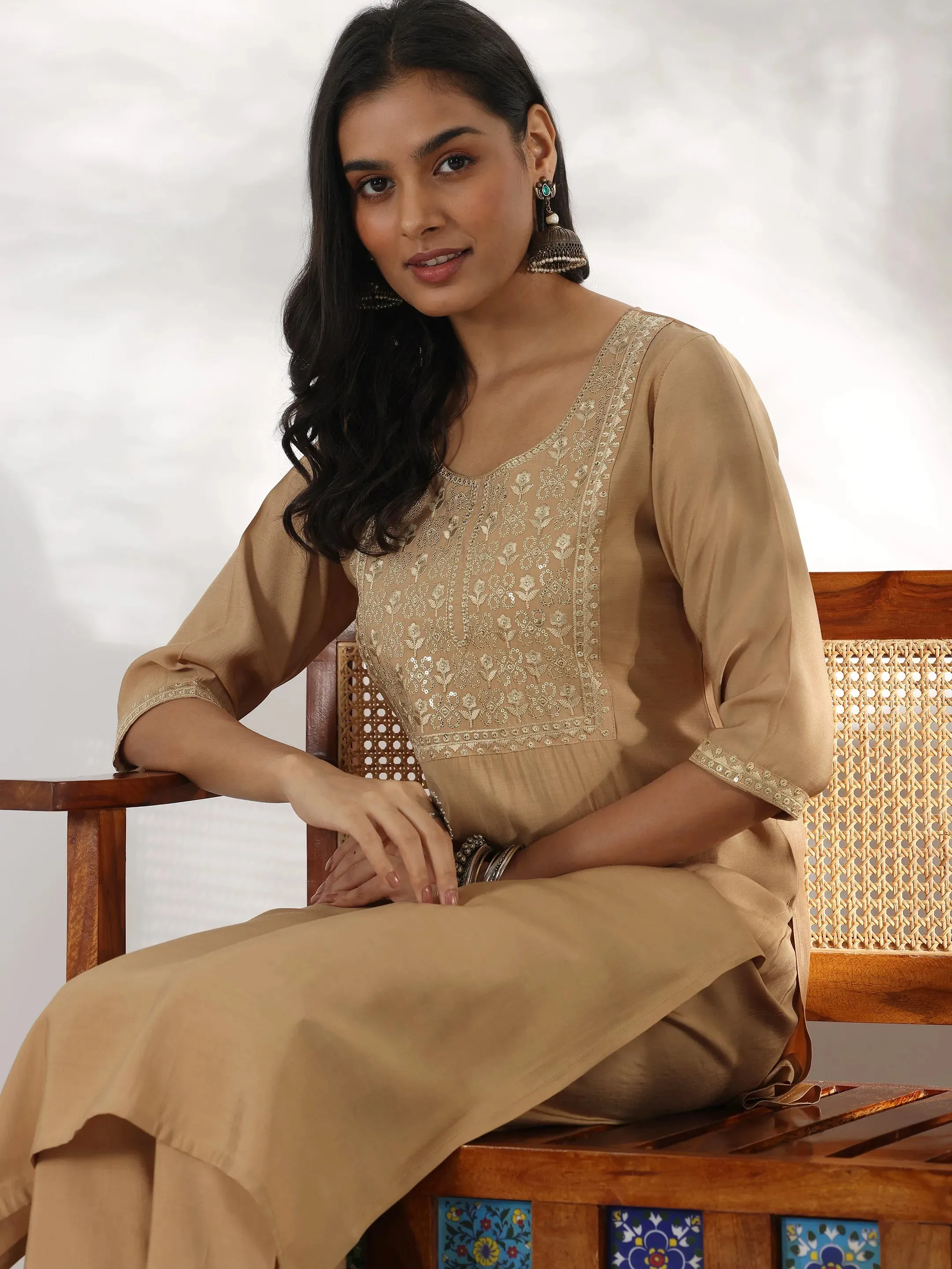 Beige Yoke Design Silk Blend Straight Suit With Dupatta