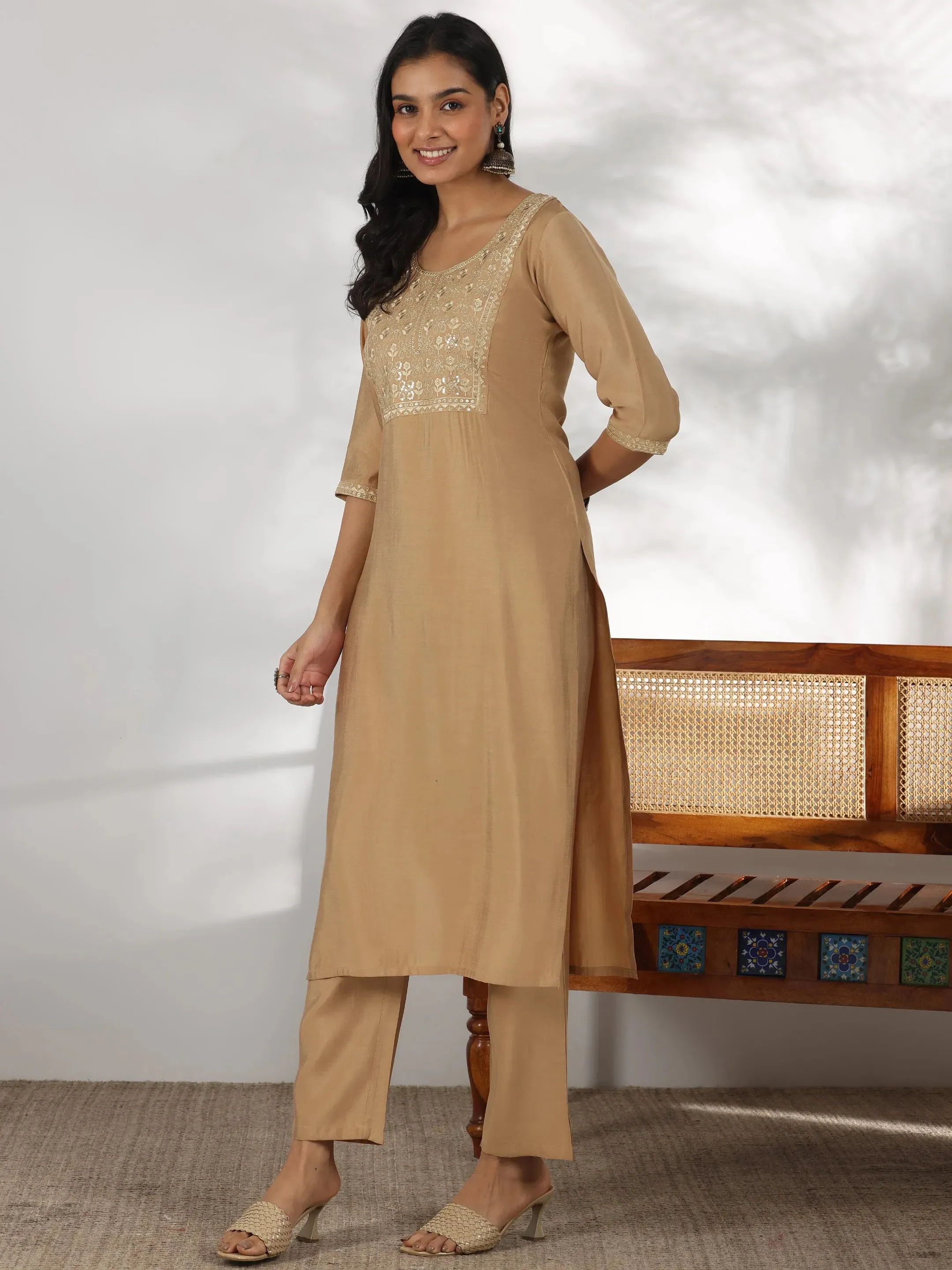 Beige Yoke Design Silk Blend Straight Suit With Dupatta