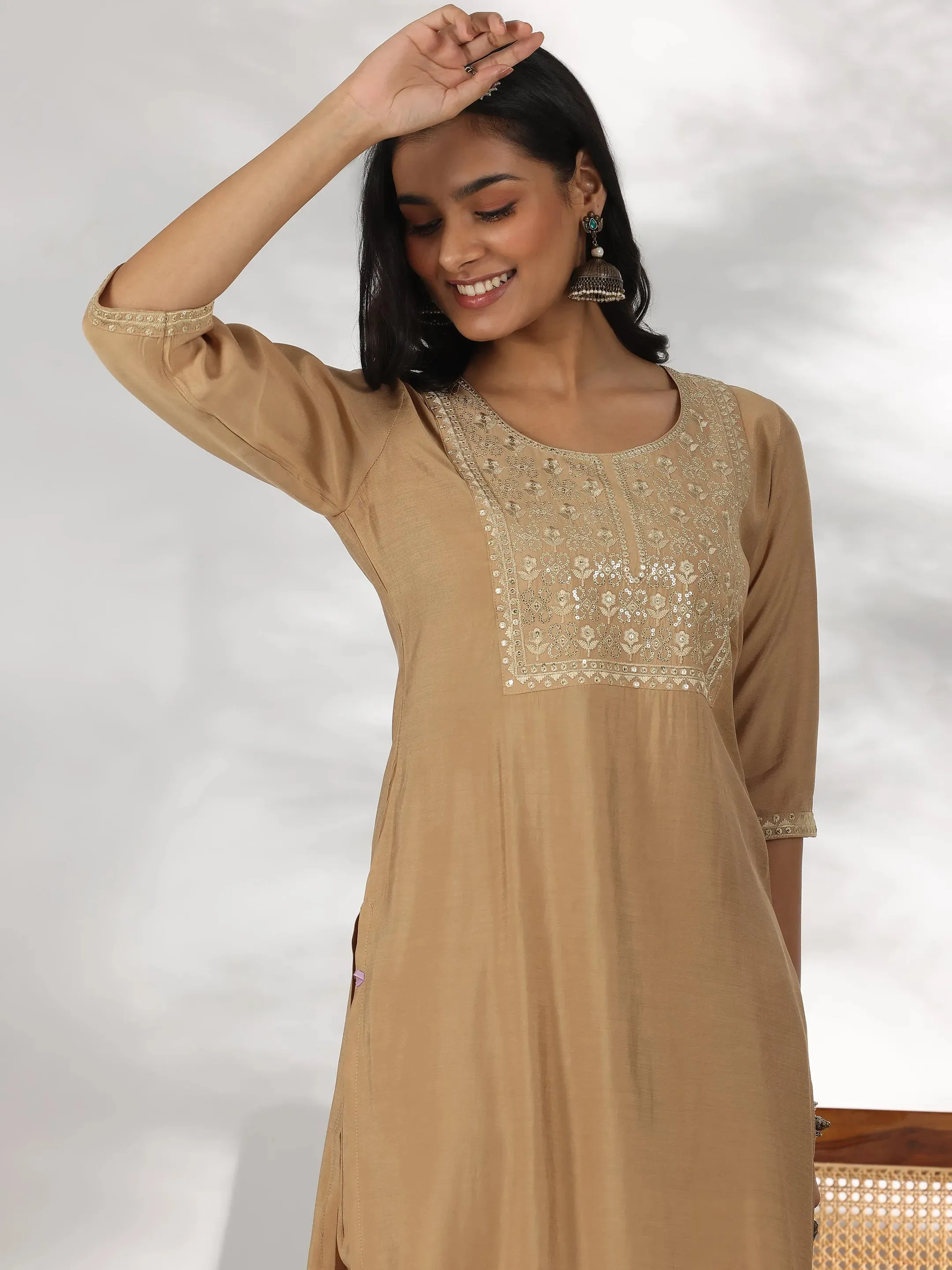 Beige Yoke Design Silk Blend Straight Suit With Dupatta