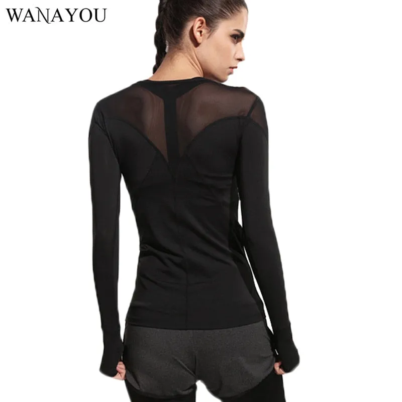 Black Patchwork Women's Running T-Shirts, Yoga Shirts Gym Tights Fitness Women Clothes Tops Sport Tee, Long-Sleeve Running Shirt