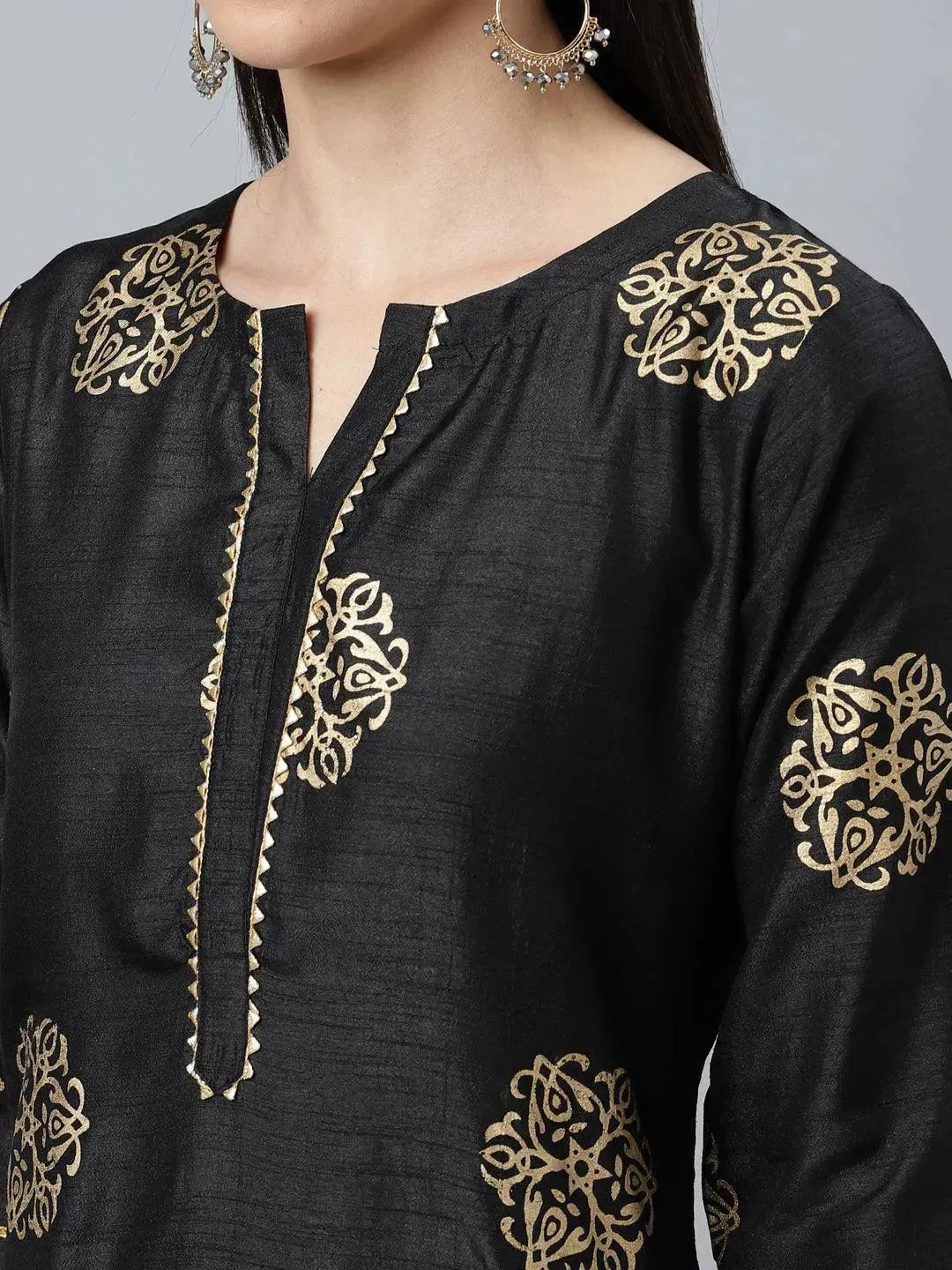 Black Printed Silk Blend Straight Kurta With Palazzos & Dupatta