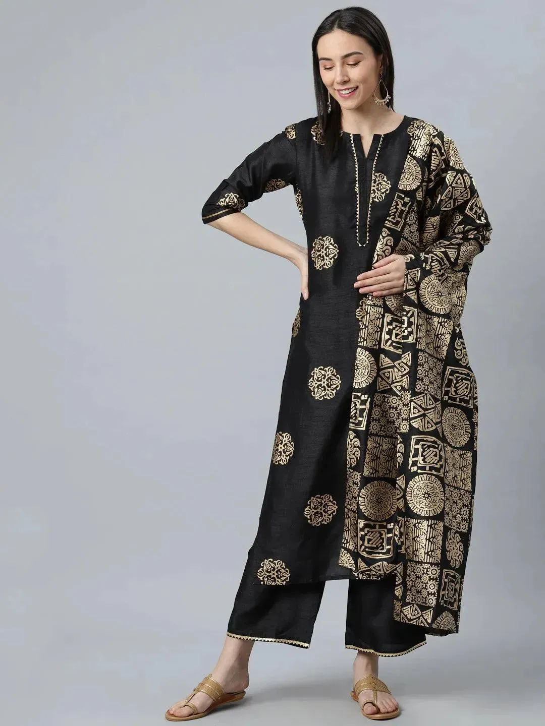 Black Printed Silk Blend Straight Kurta With Palazzos & Dupatta