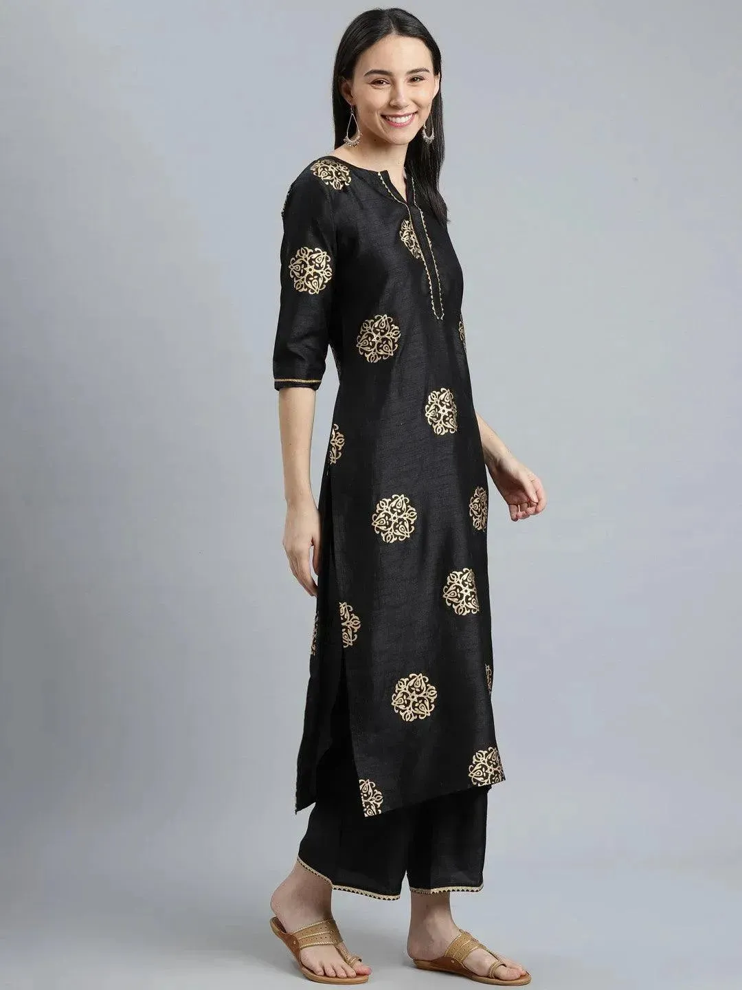 Black Printed Silk Blend Straight Kurta With Palazzos & Dupatta