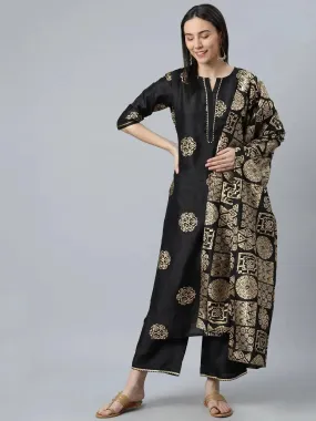 Black Printed Silk Blend Straight Kurta With Palazzos & Dupatta