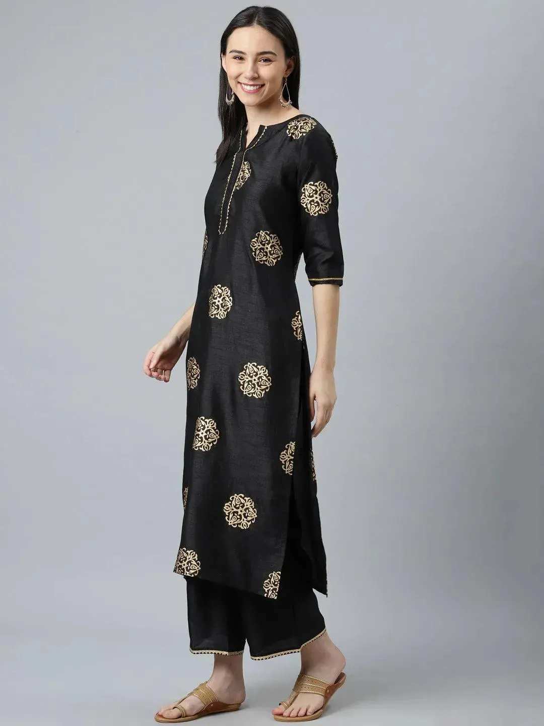 Black Printed Silk Blend Straight Kurta With Palazzos & Dupatta