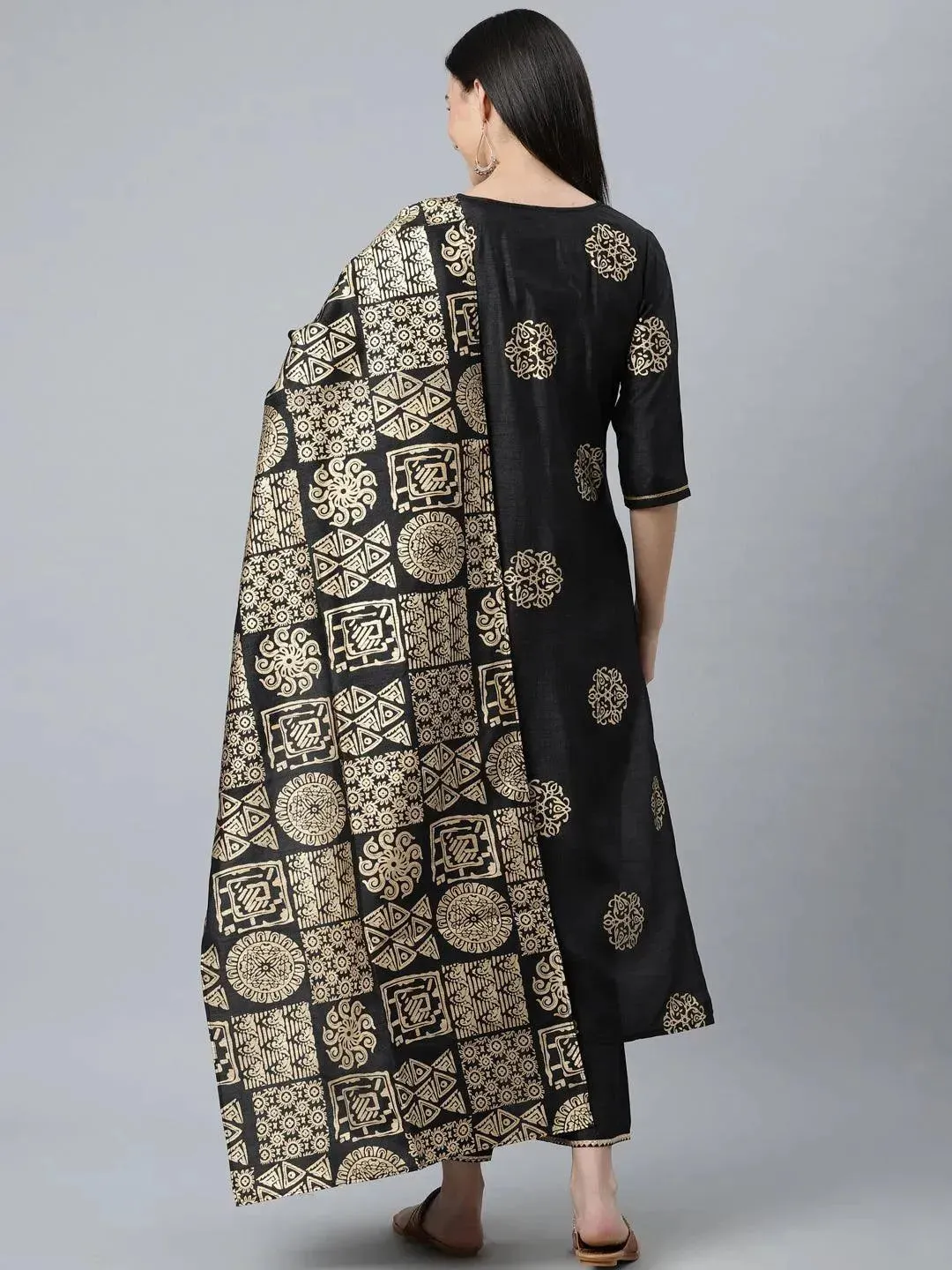 Black Printed Silk Blend Straight Kurta With Palazzos & Dupatta