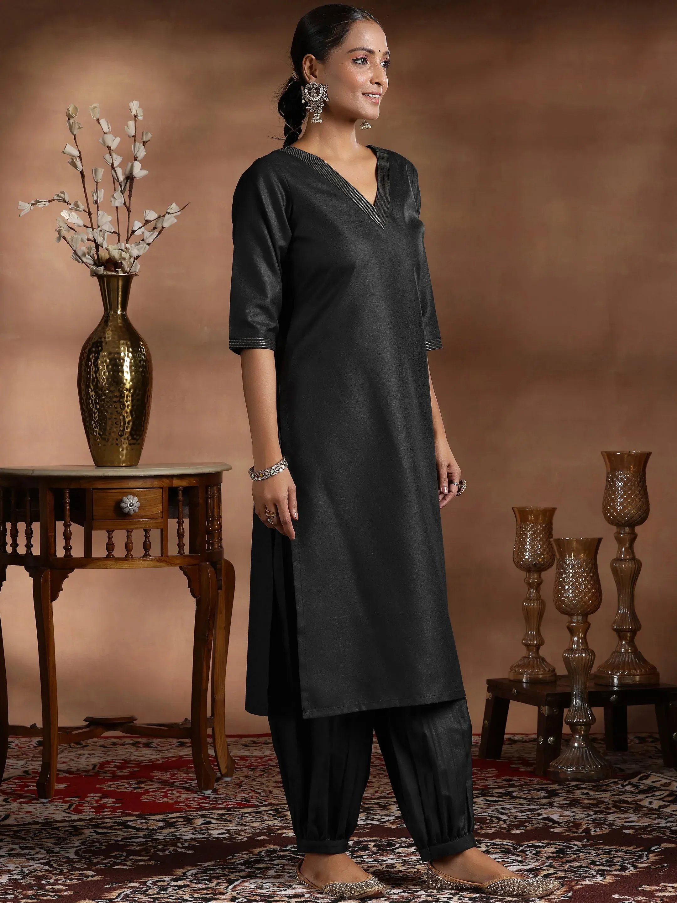 Black Solid Silk Blend Straight Suit With Dupatta