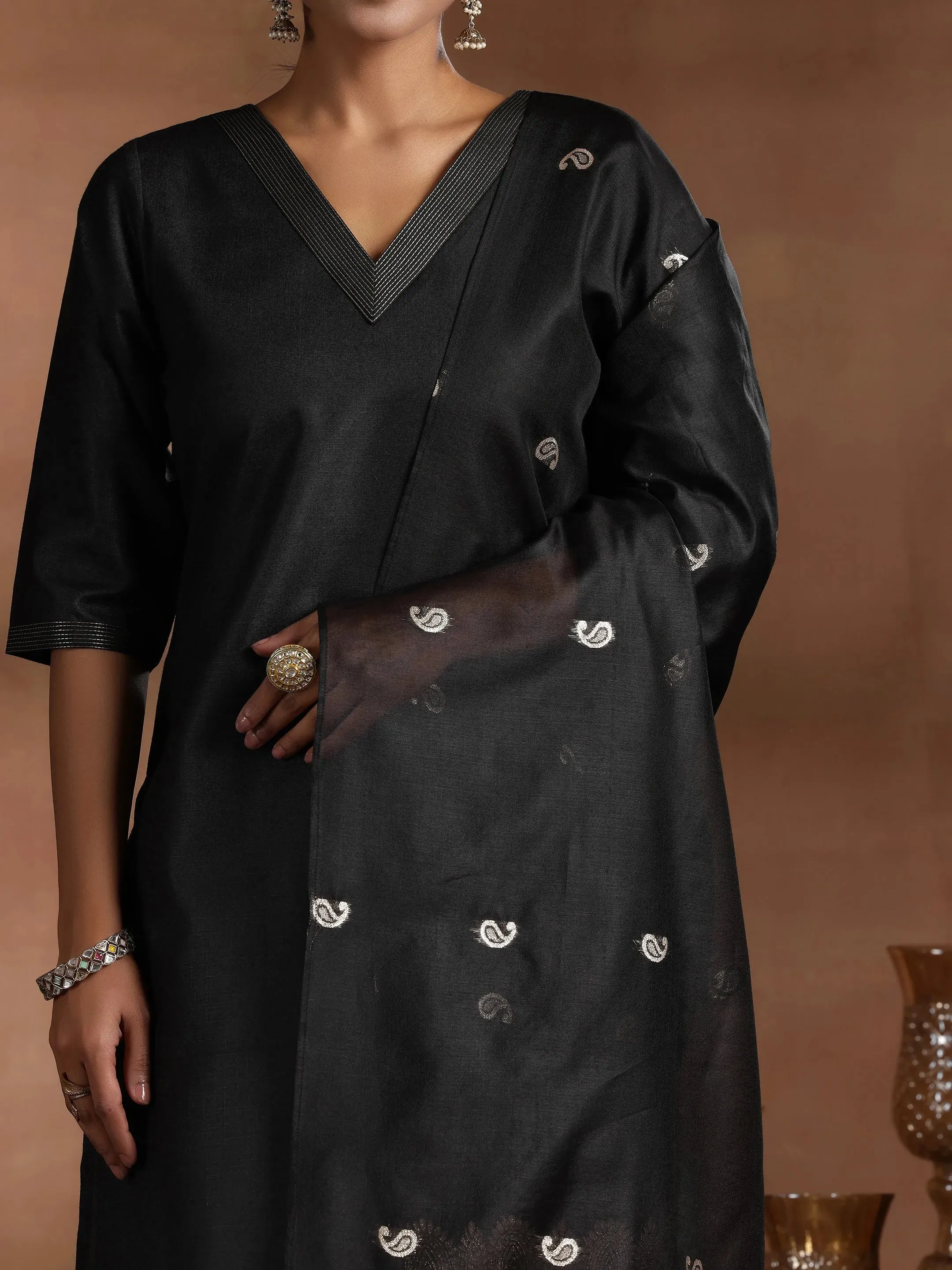 Black Solid Silk Blend Straight Suit With Dupatta