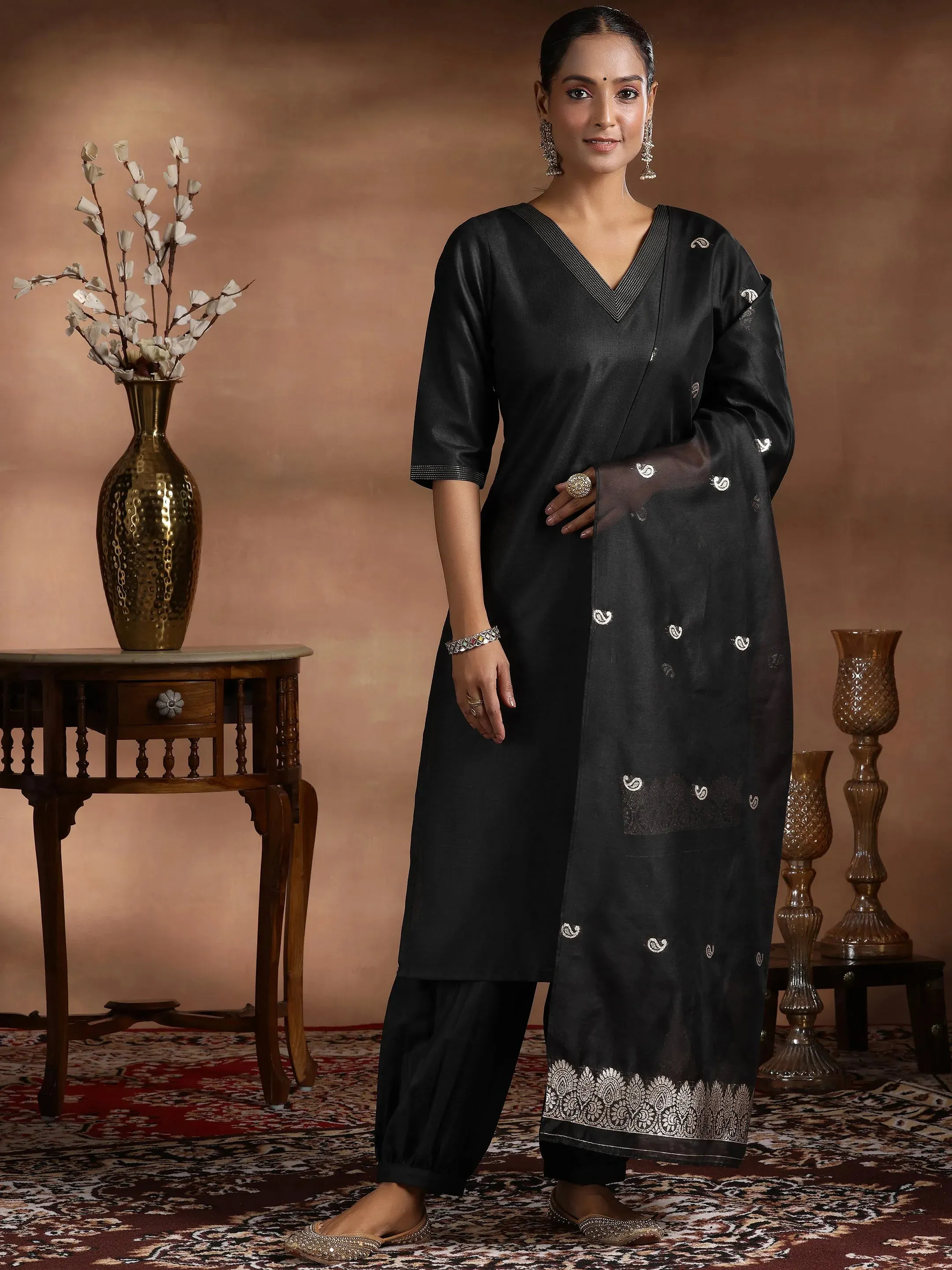 Black Solid Silk Blend Straight Suit With Dupatta