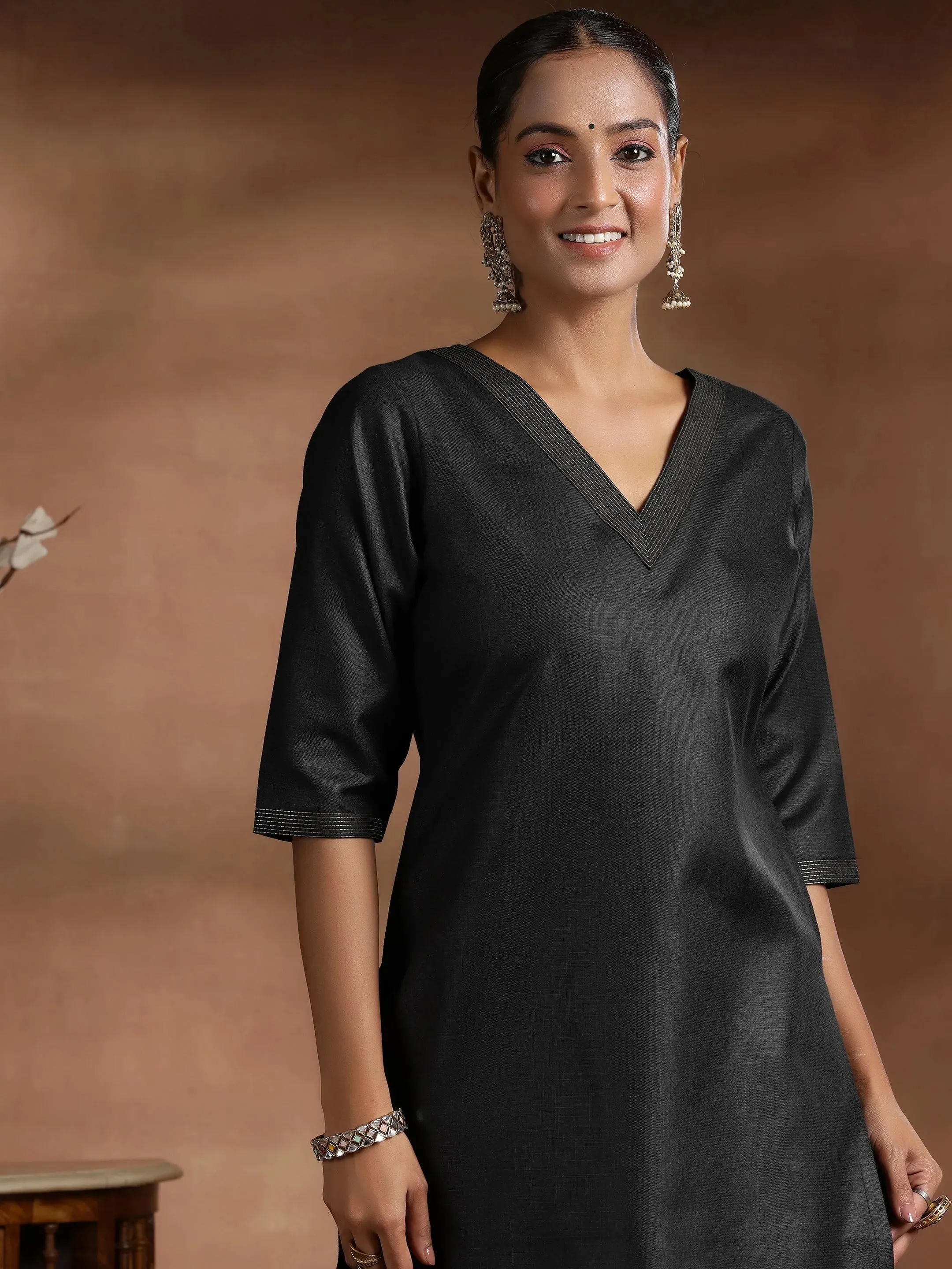 Black Solid Silk Blend Straight Suit With Dupatta