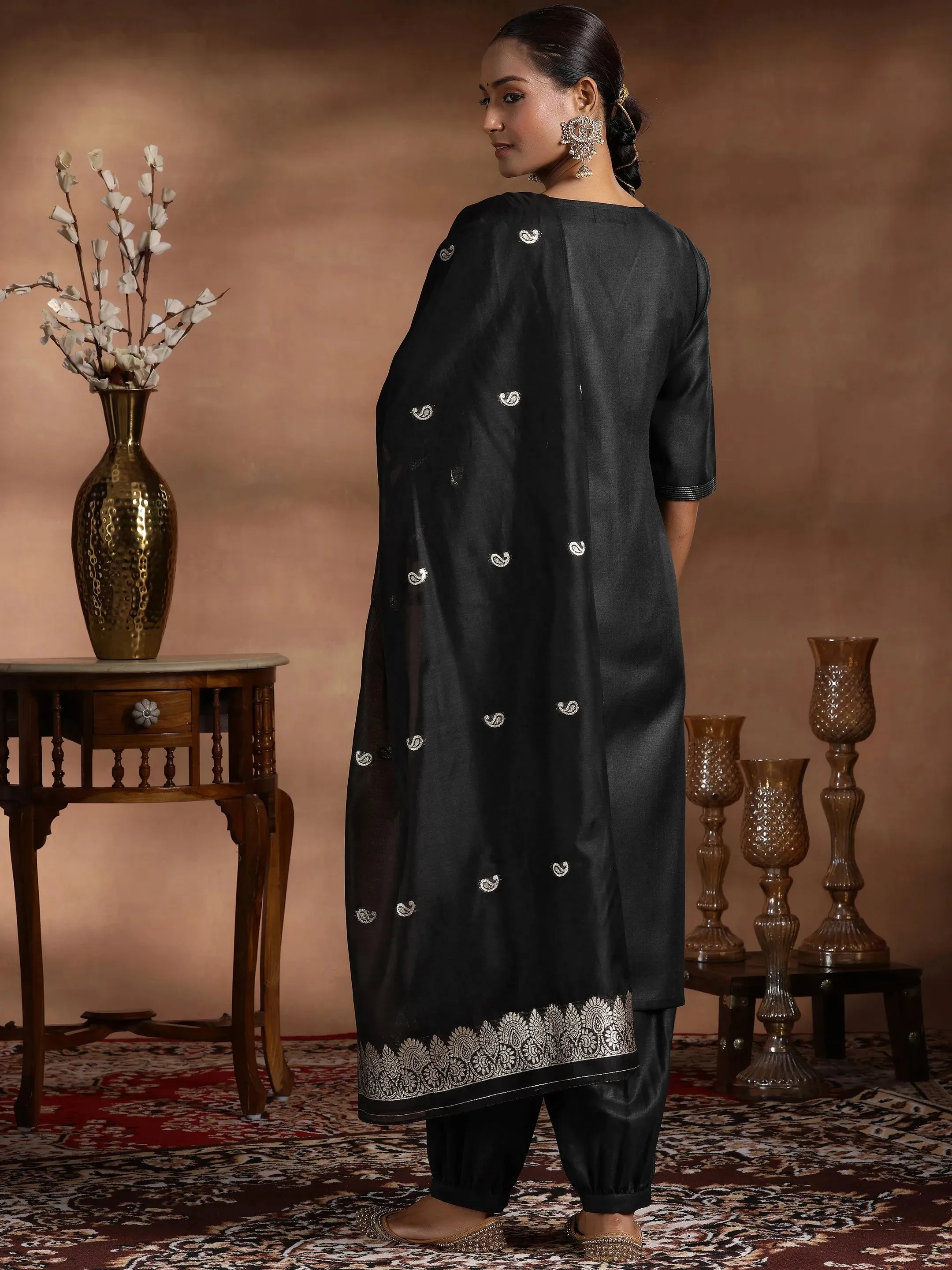 Black Solid Silk Blend Straight Suit With Dupatta