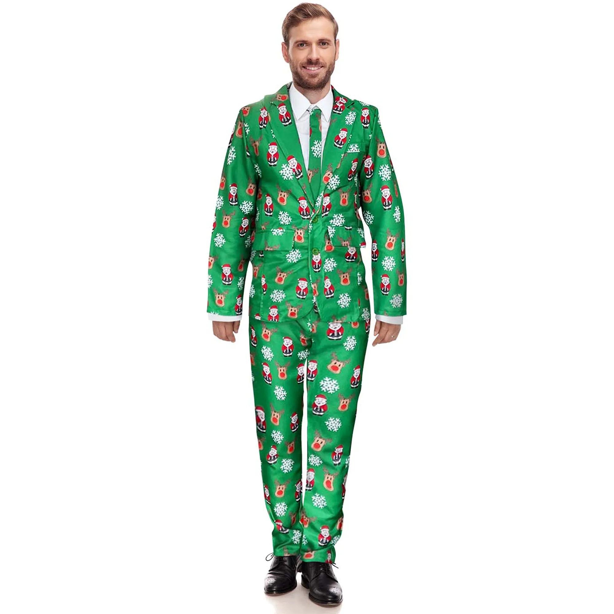 Mens Green Christmas Suit and Tie Set - Reindeer and Santa Claus