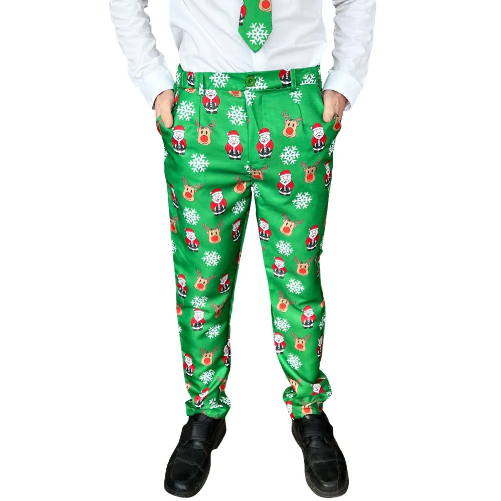 Mens Green Christmas Suit and Tie Set - Reindeer and Santa Claus