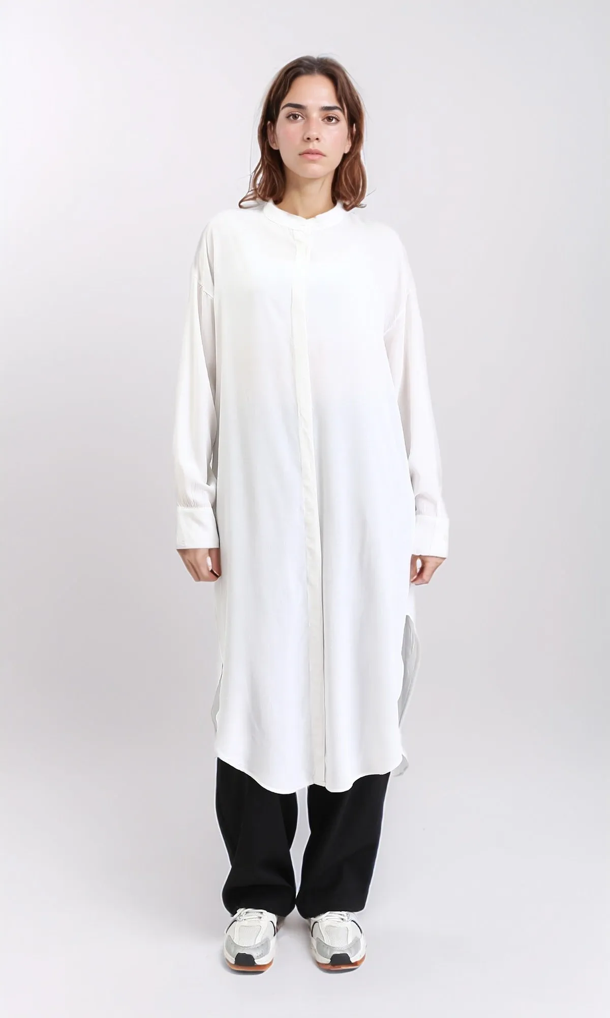 R205857 - Solid Long Shirt with Mandarin Collar - Off-White