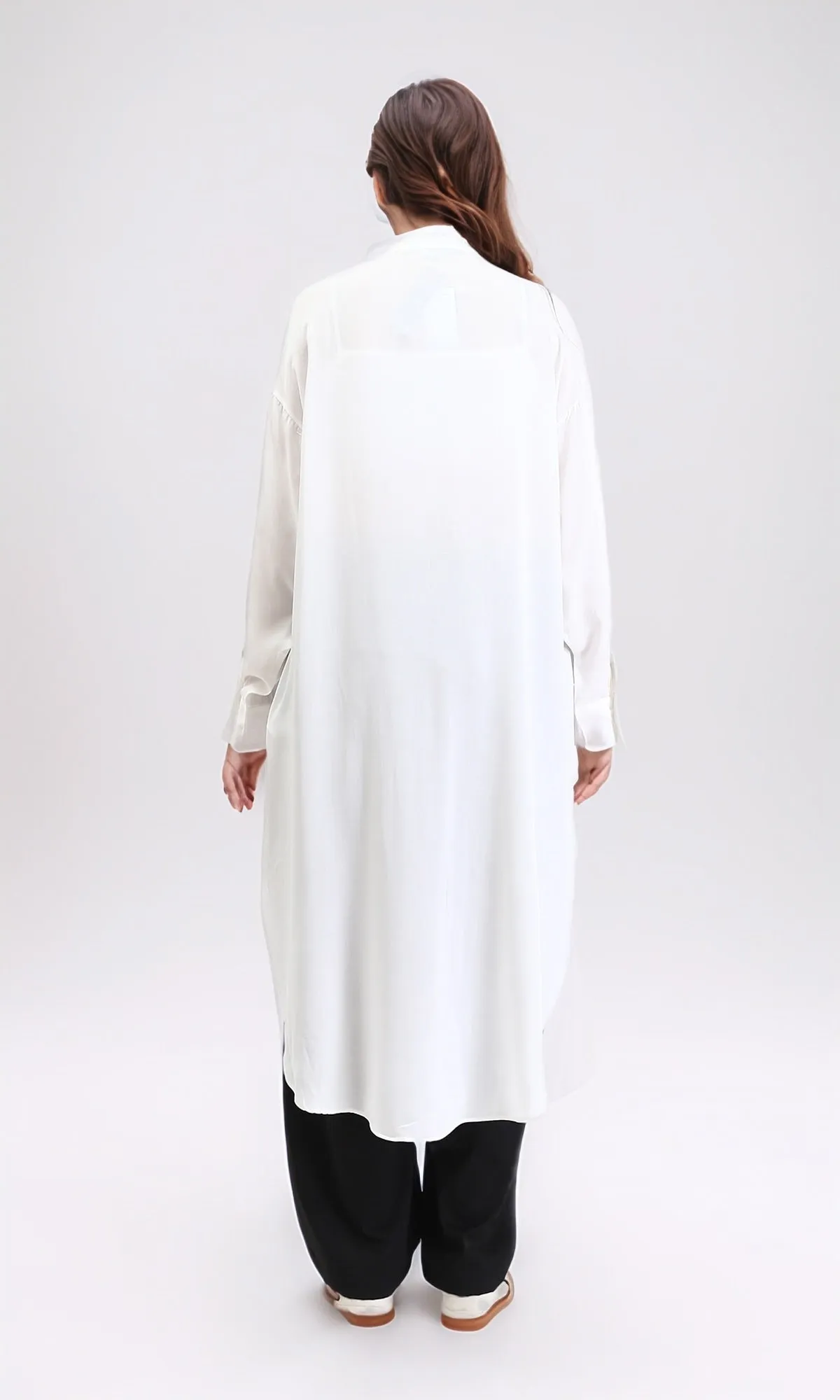 R205857 - Solid Long Shirt with Mandarin Collar - Off-White