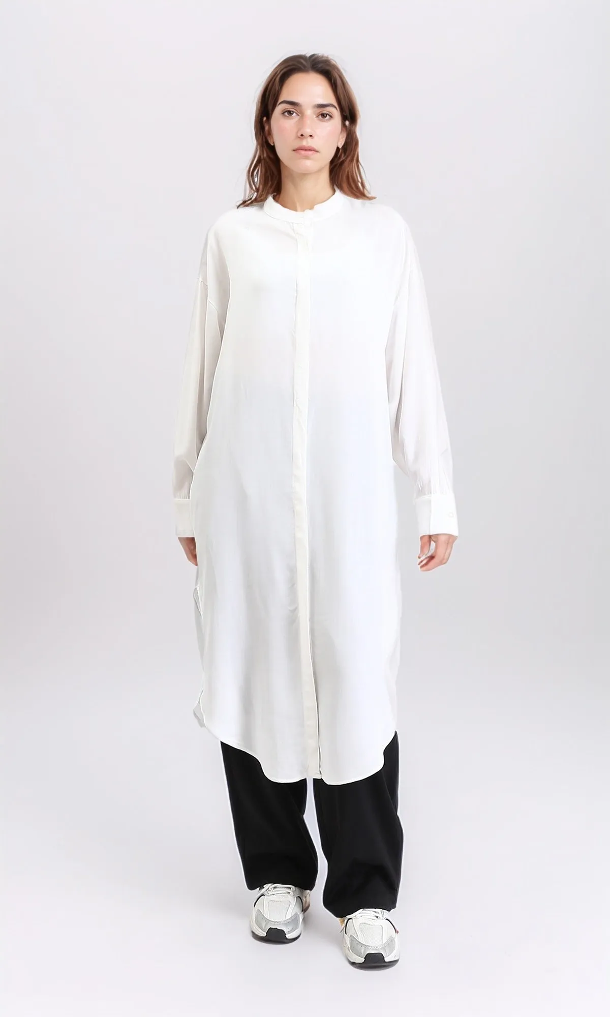 R205857 - Solid Long Shirt with Mandarin Collar - Off-White