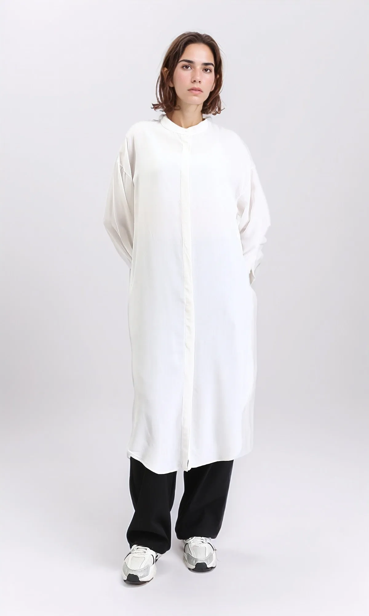 R205857 - Solid Long Shirt with Mandarin Collar - Off-White