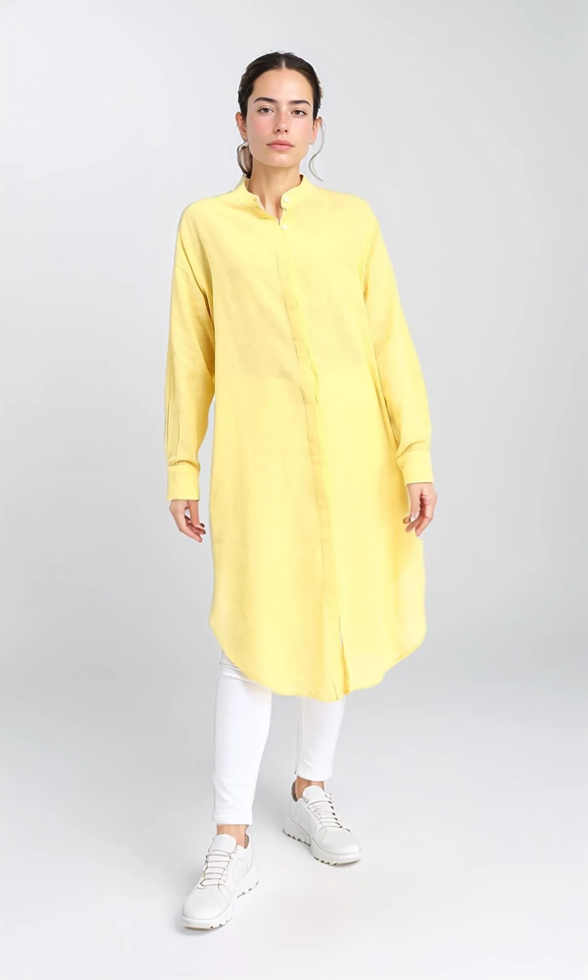 R206349 - Long Cotton Shirt with Hidden Buttons - Yellow