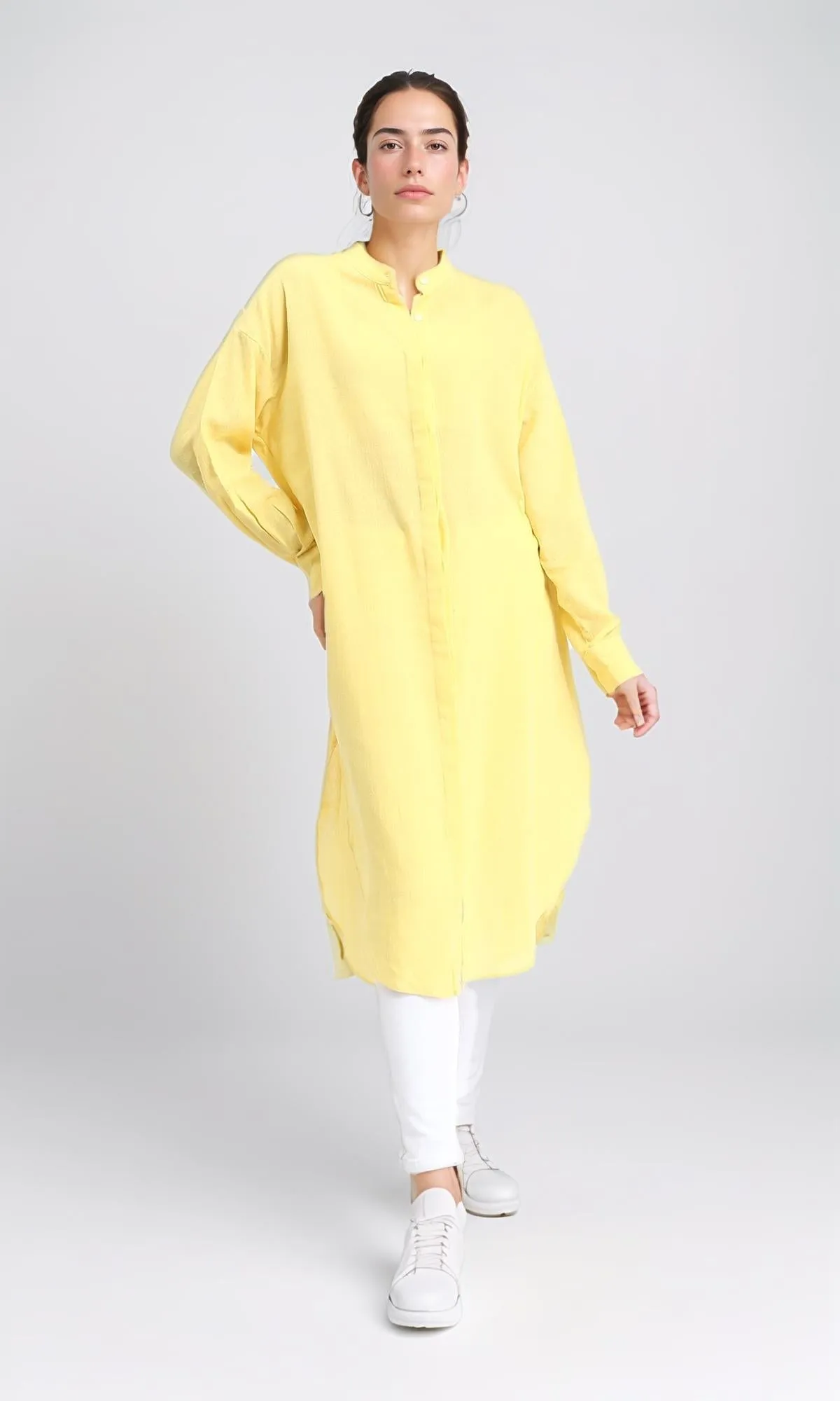 R206349 - Long Cotton Shirt with Hidden Buttons - Yellow