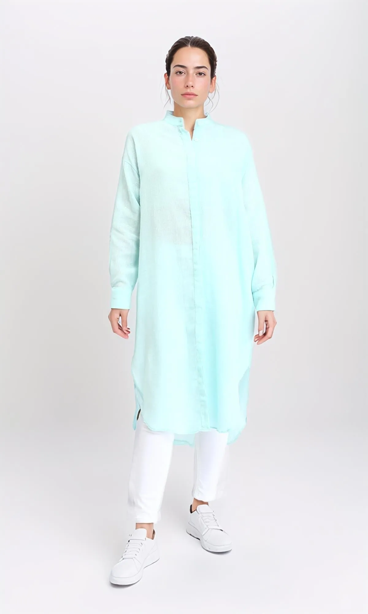 R206351 - Long Cotton Shirt with Hidden Buttons - Aqua
