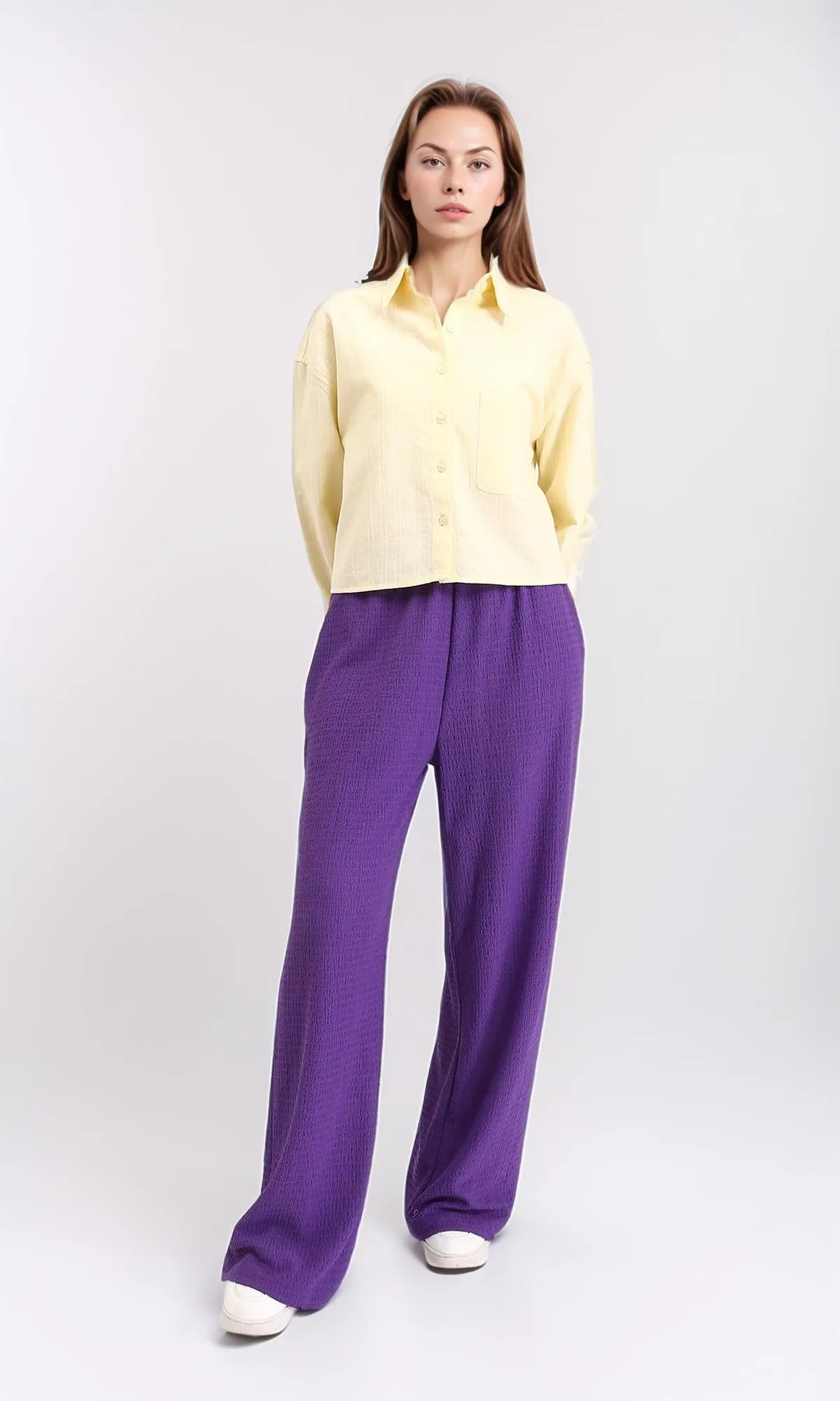 R210105 - Self Pattern Long Sleeves Cotton Shirt - Yellow