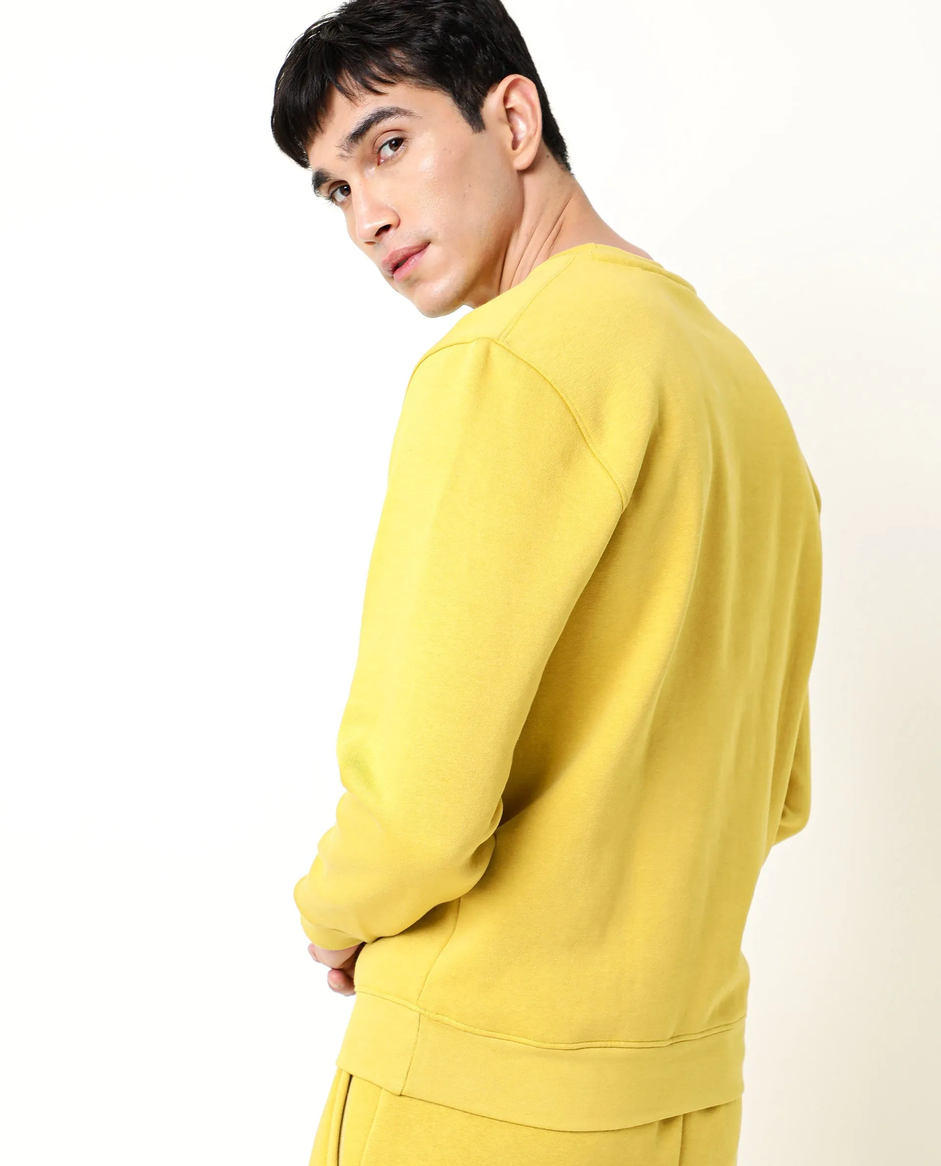 Rare Rabbit Men'S Asher Mustard Sweatshirt Cotton Polyester Fabric Crew Neck Full Sleeves Slim Fit