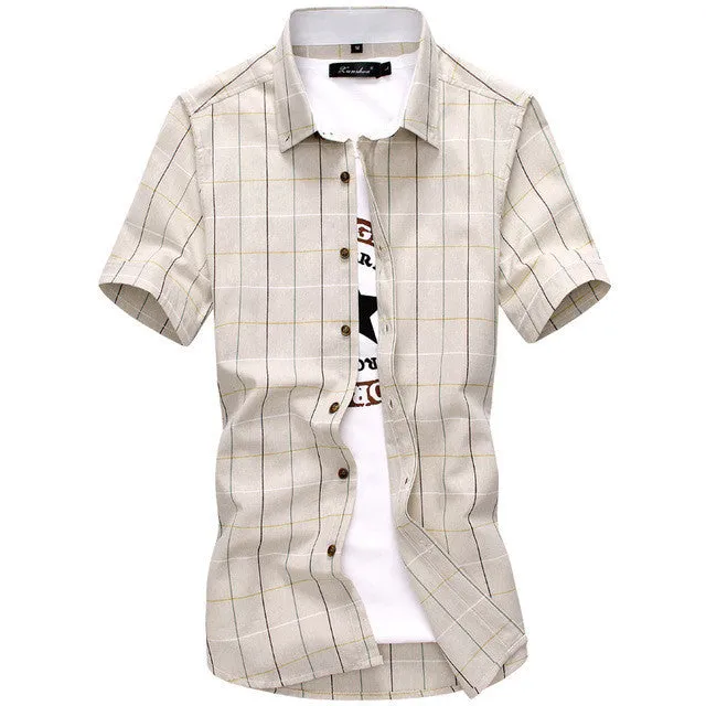 Red And Black Plaid Shirt Men Summer Casual Quality Dress Shirt Short Sleeve.