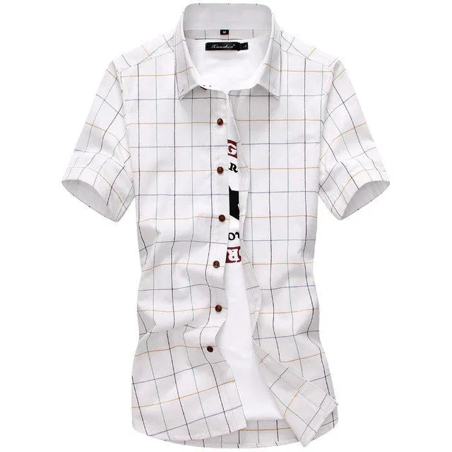 Red And Black Plaid Shirt Men Summer Casual Quality Dress Shirt Short Sleeve.