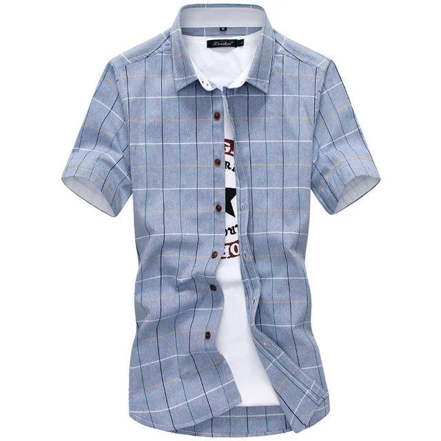 Red And Black Plaid Shirt Men Summer Casual Quality Dress Shirt Short Sleeve.