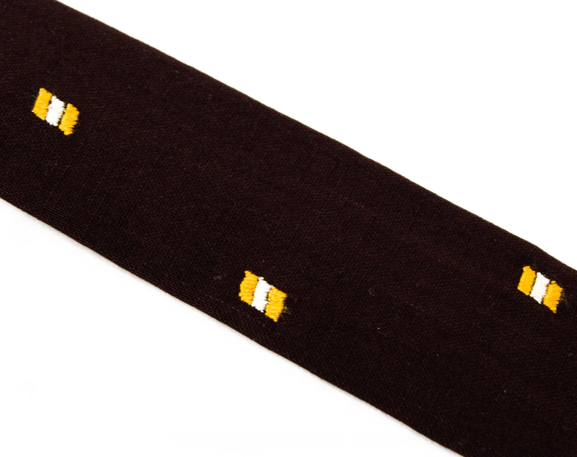 Rockabilly Men's 50s Skinny Tie - Flat End Necktie - Chocolate Brown 1950s 60s Summer Rayon - Orange Squares Embroidery & Fringe - Superba