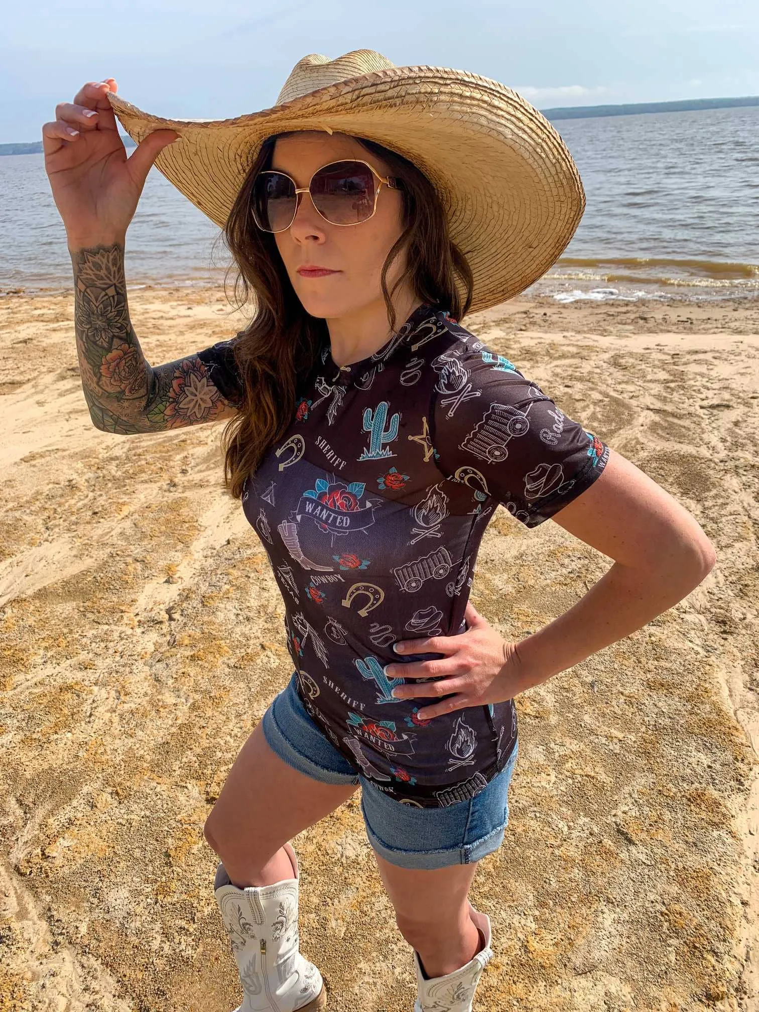 Texas Rodeo Short Sleeve Mesh Top - Black/Turq/White