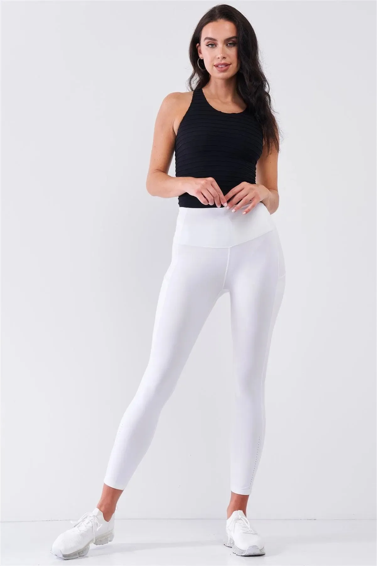 White High Waist Thigh Pocket Detail Tight Fit Soft Yoga & Work Out Legging Pants /1-2-2-1