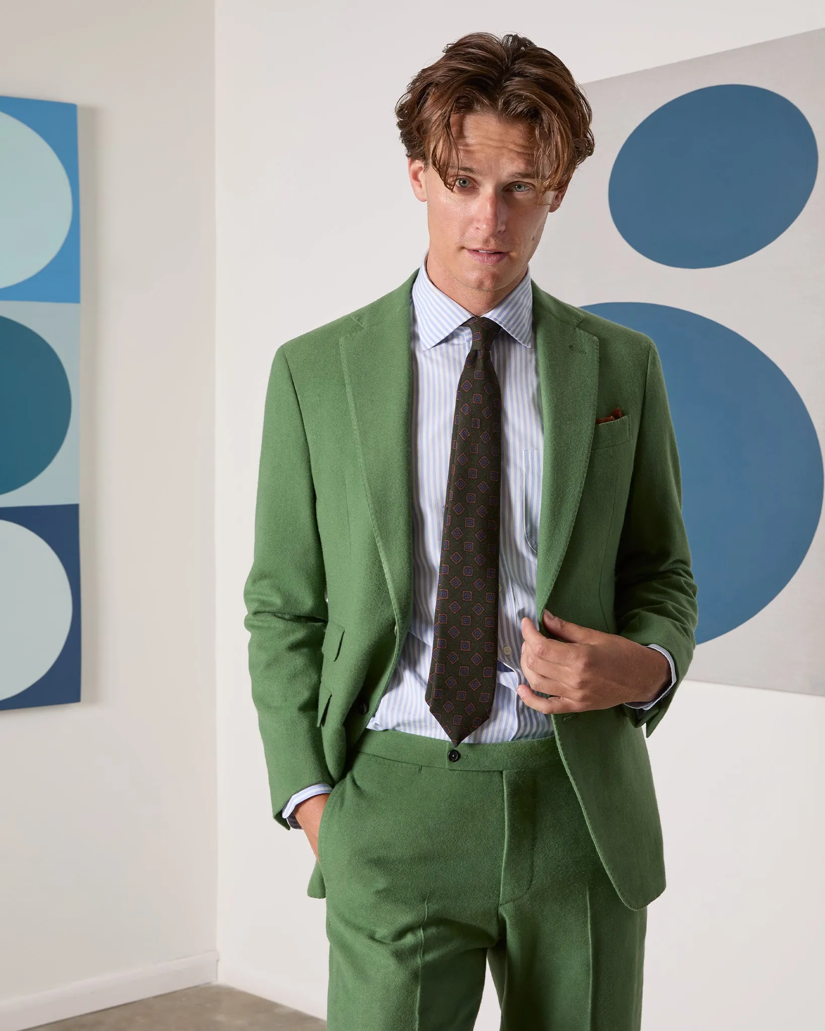 Wool Print Tie in Forest/Navy/Khaki Square